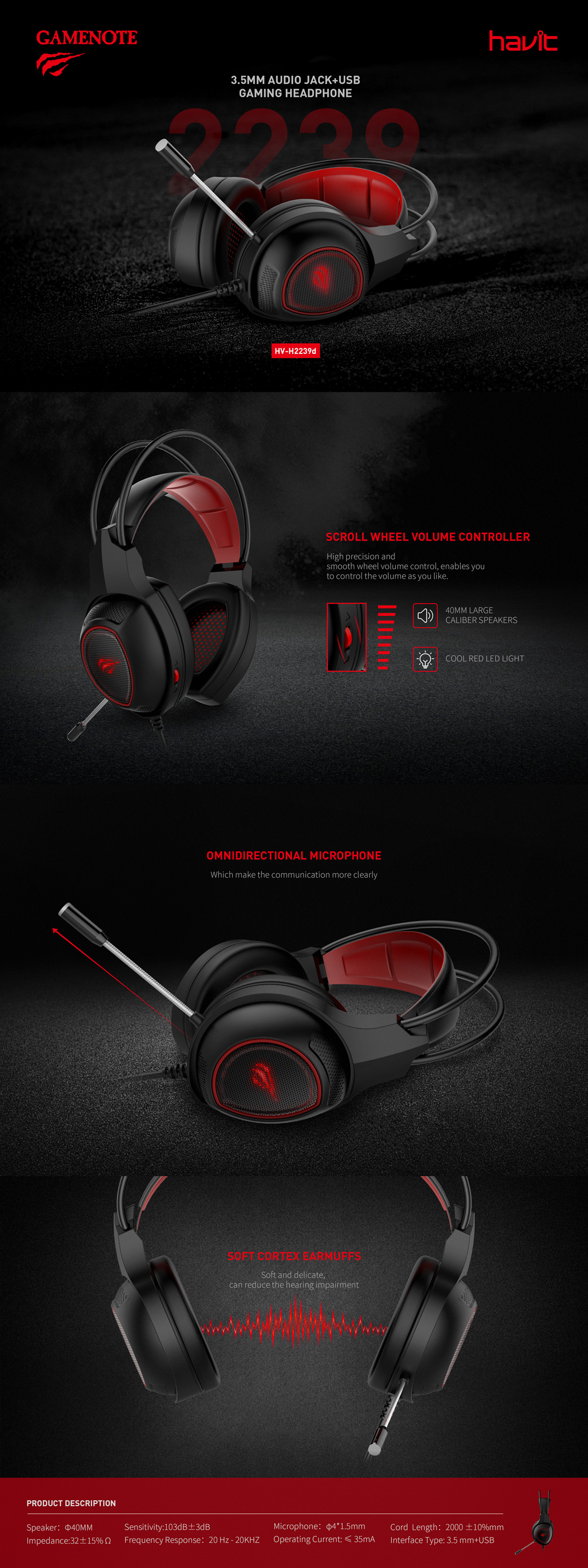 Headset Gaming Havit H2239D Headset Havit H2239 RED LED%20(4)