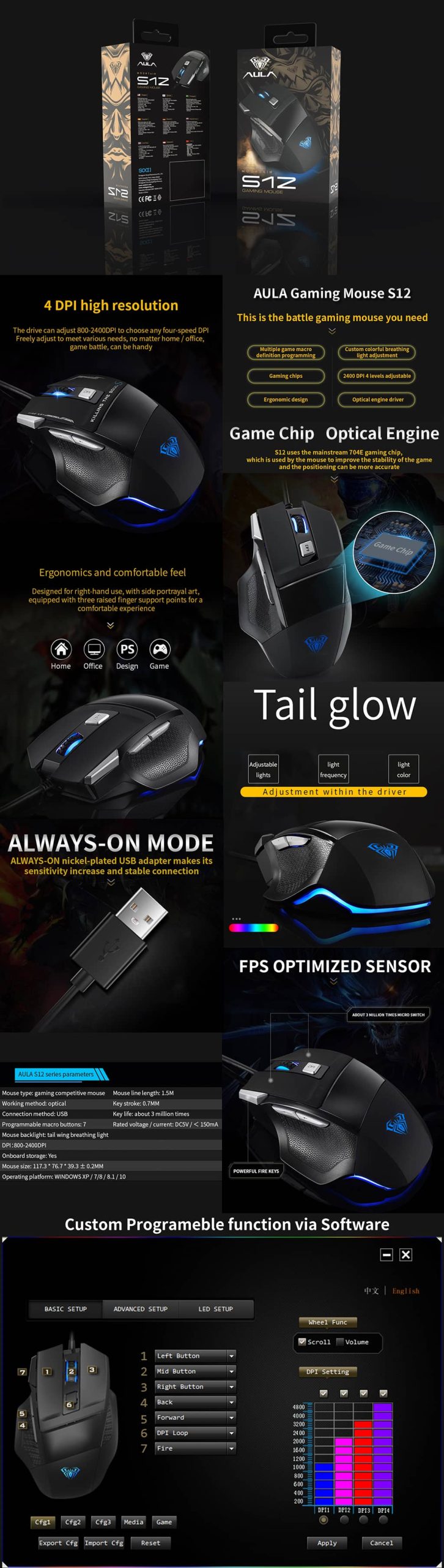 AULA S12 Optical Rainbow Backlit 4800DPI With Side Button Programmable Wired Gaming Mouse 2 1 scaled