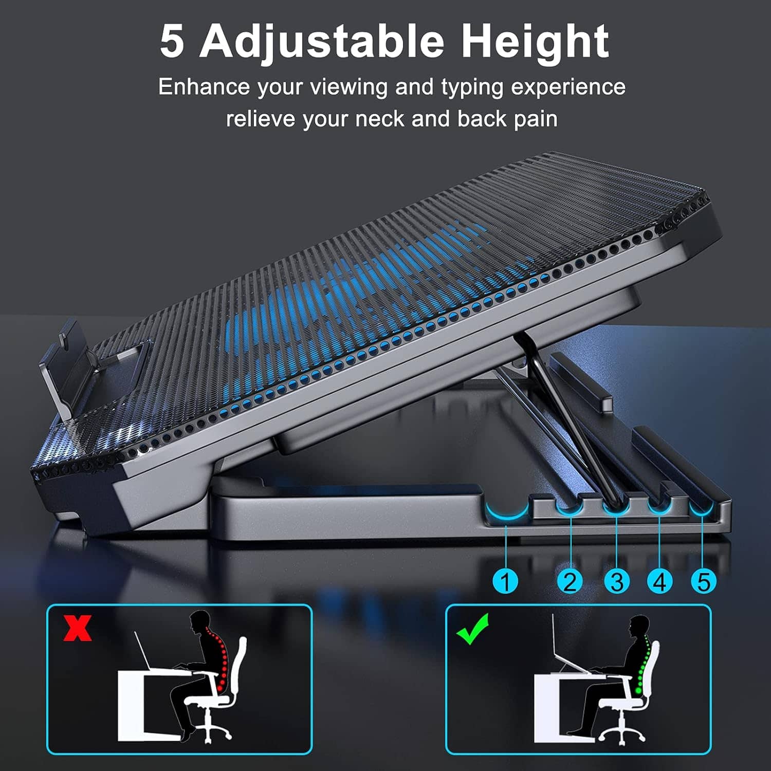 N11 Adjustable Mute Notebook Dual Fan Cooler Desktop Laptop Cooling Stand Blue Light 14